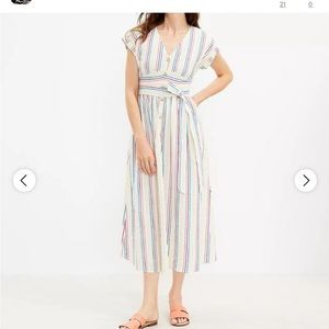LOFT Cream Midi Dress with Multicolor Stripes